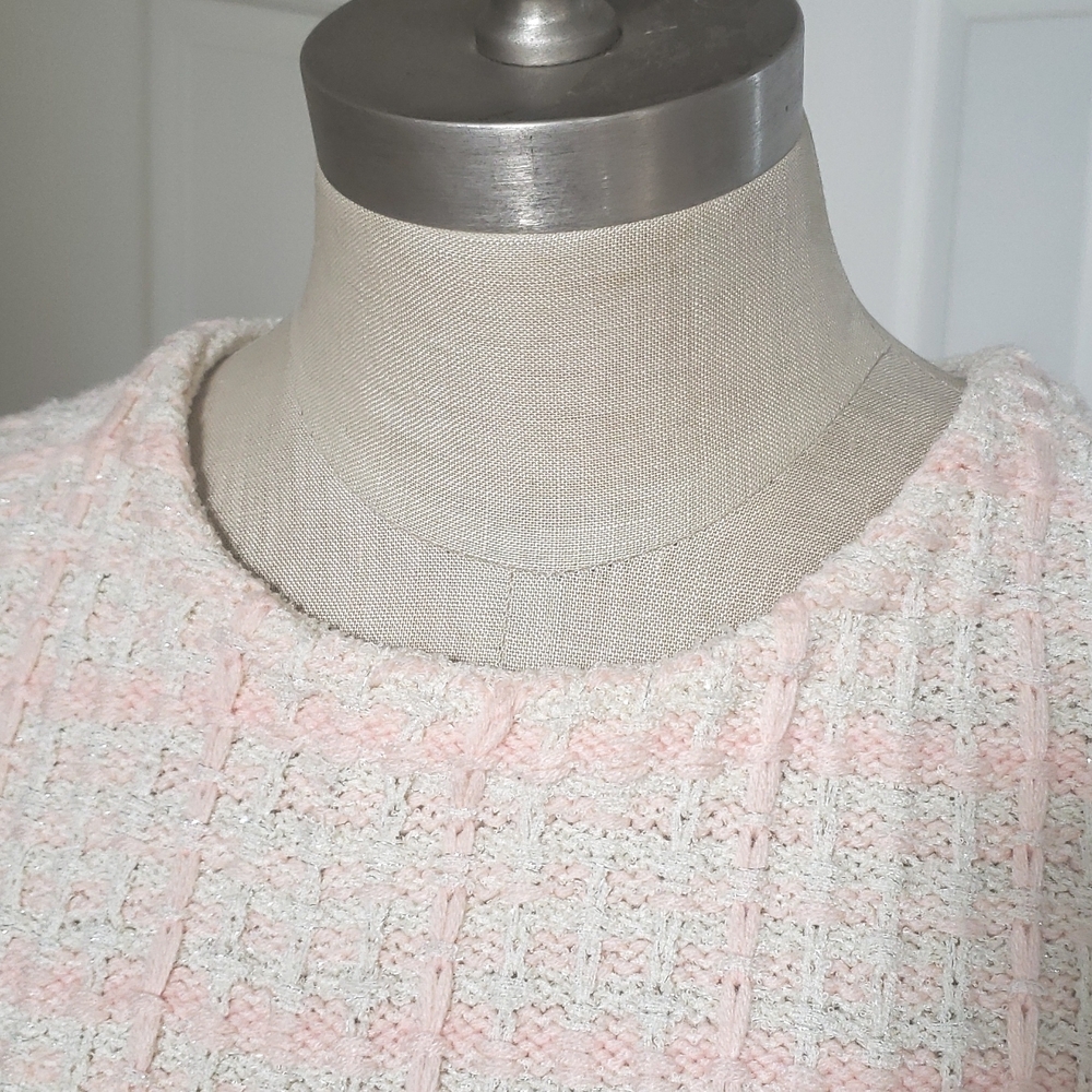 Anthropologie Tweed Sweater Tee • Fringe Pockets • Cream Pink Plaid Knit Top M - Picture 8 of 12
